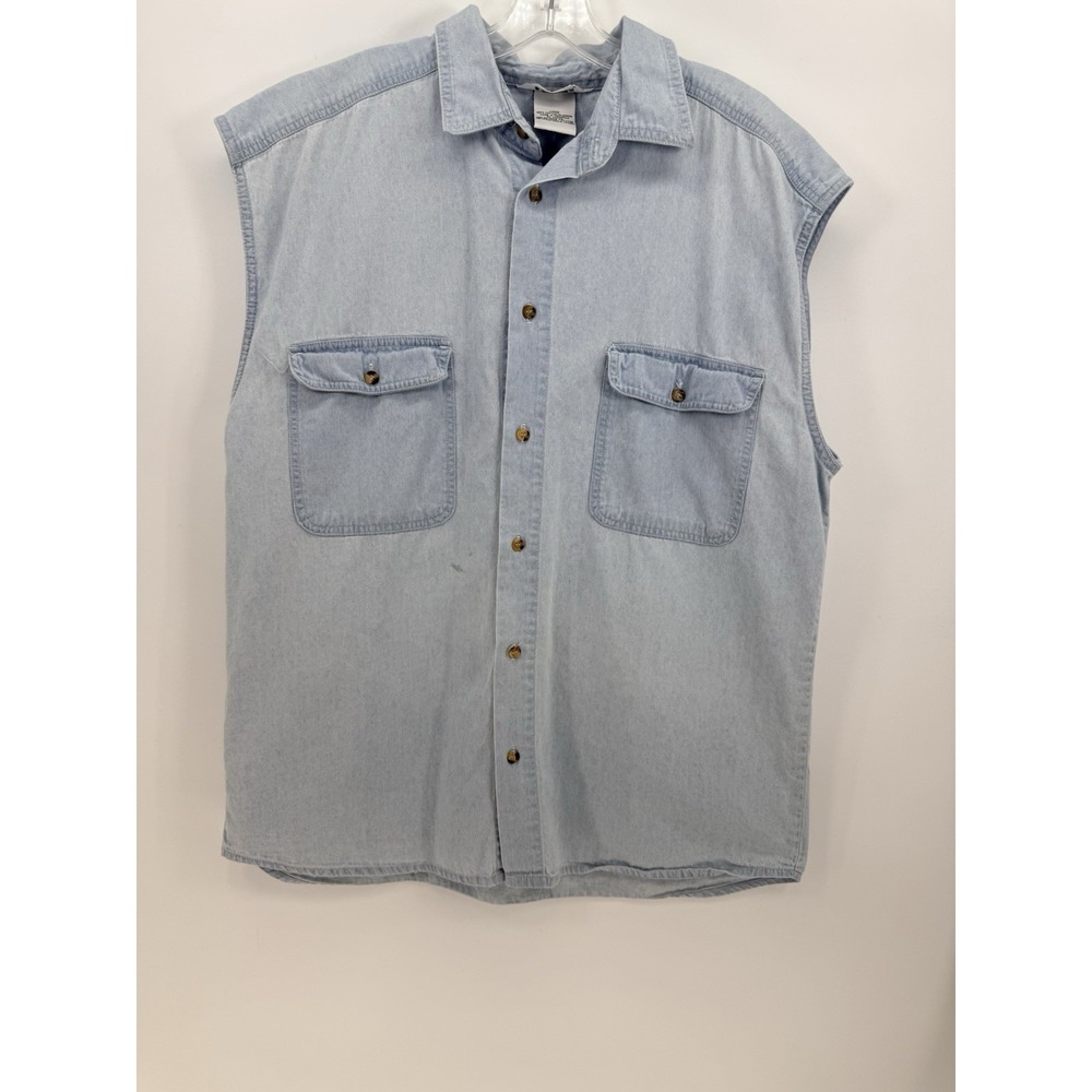 Vintage Gitano Denim Shirt Blue Button Front Retro Sleeveless Pockets Joe Dirt